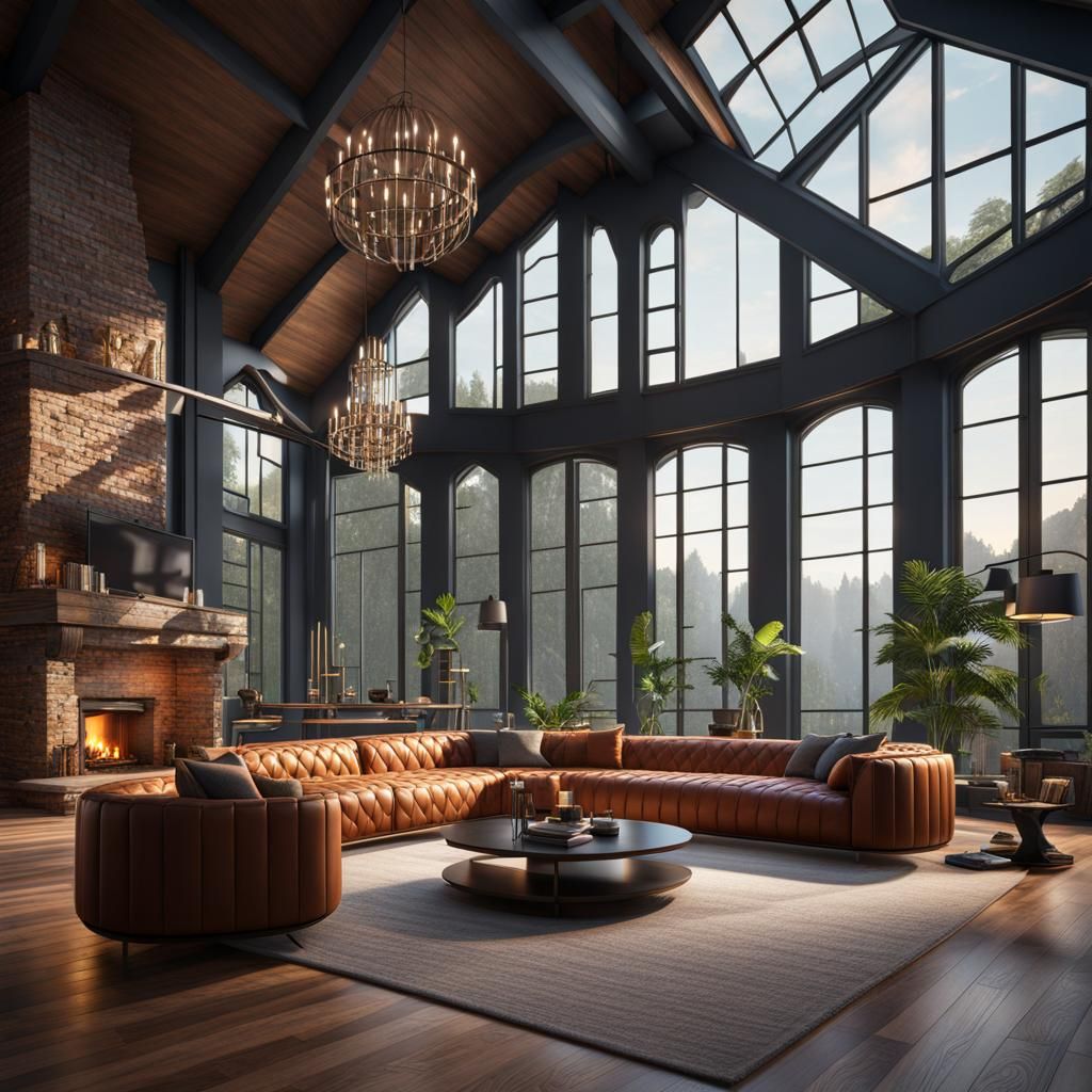 Modern Living Room with Chimney: Detailed Matte Painting