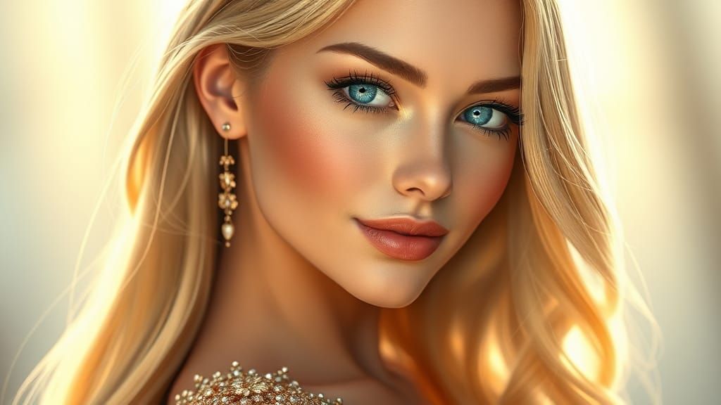 Beautiful Woman in Champagne Gown: 3D Anime Art