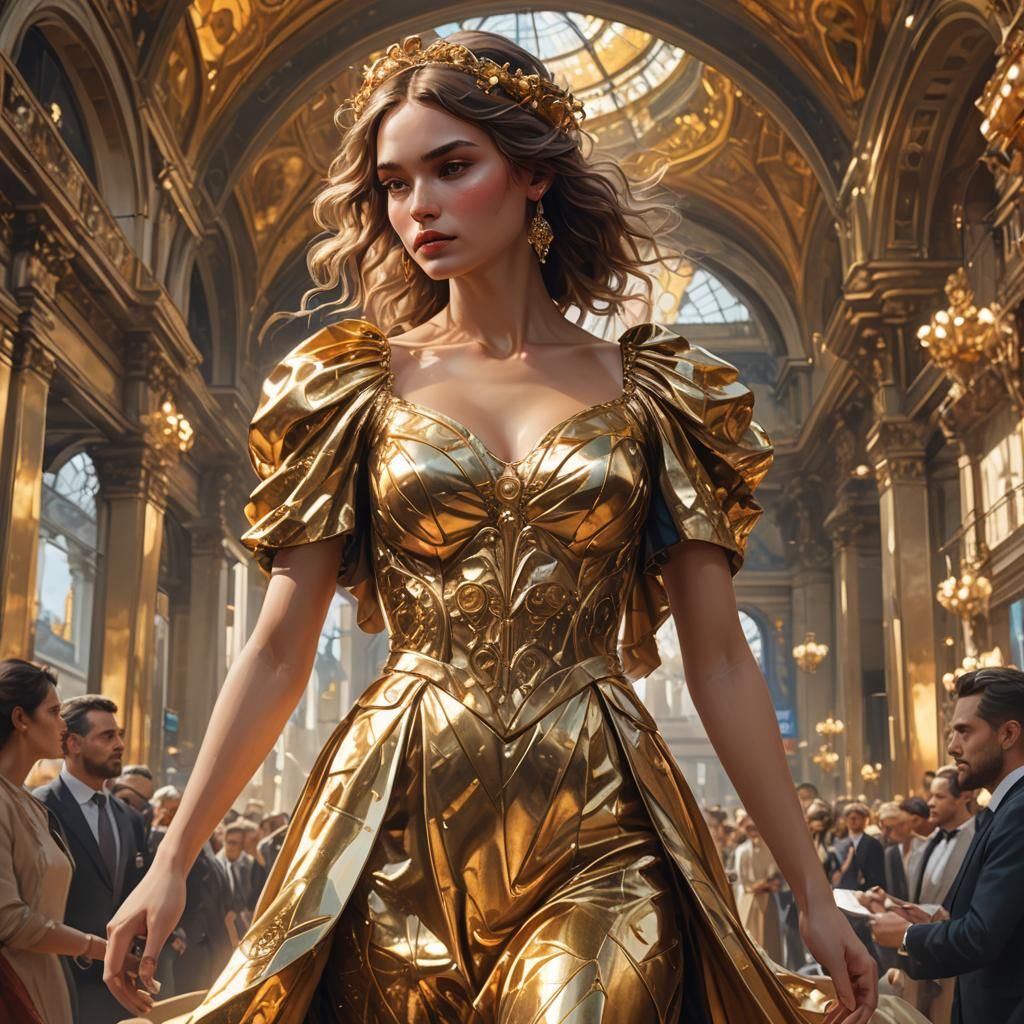 Golden Dress Catwalk Model in Detailed Digital Art