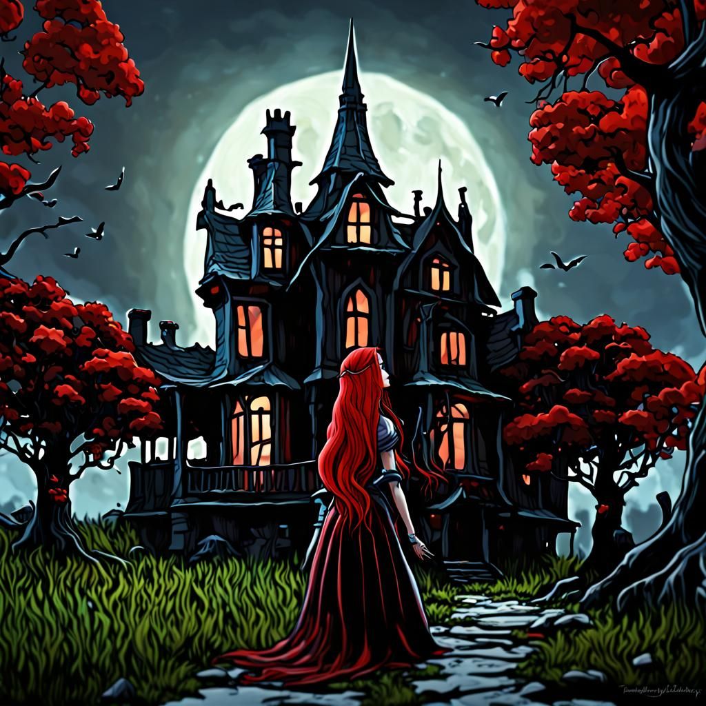 Gothic Witch Under Full Moon With Oak Tree