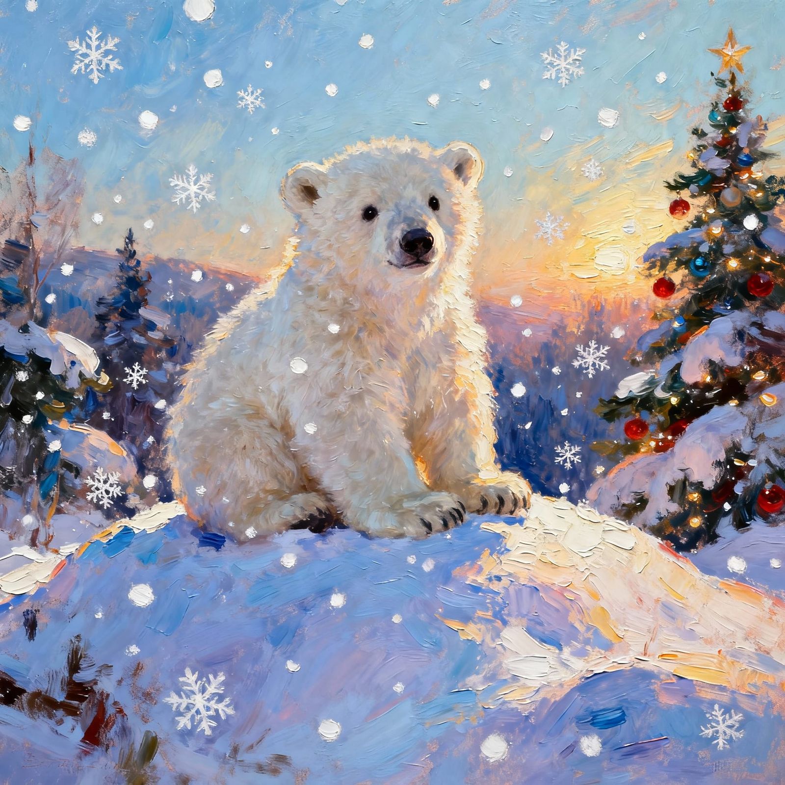 Cute Polar Bear Cub in Snowy Christmas Landscape