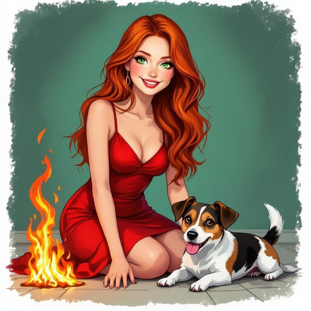 Fiery Portrait of Redhead with Jack Russell Terrier