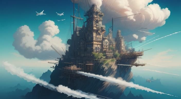 Fantastical Steampunk Cityscape in Vibrant Watercolor