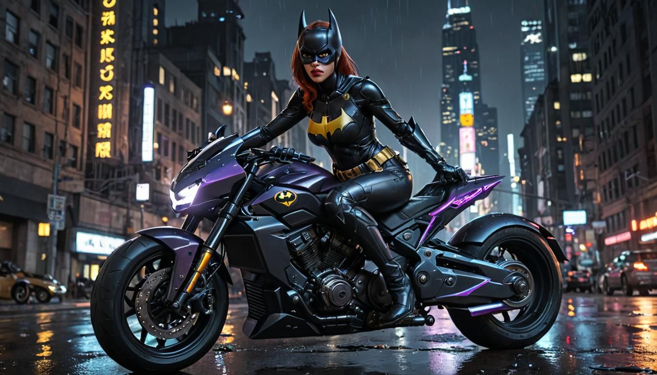 Batgirl Rides Motorcycle in Cyberpunk Gotham City