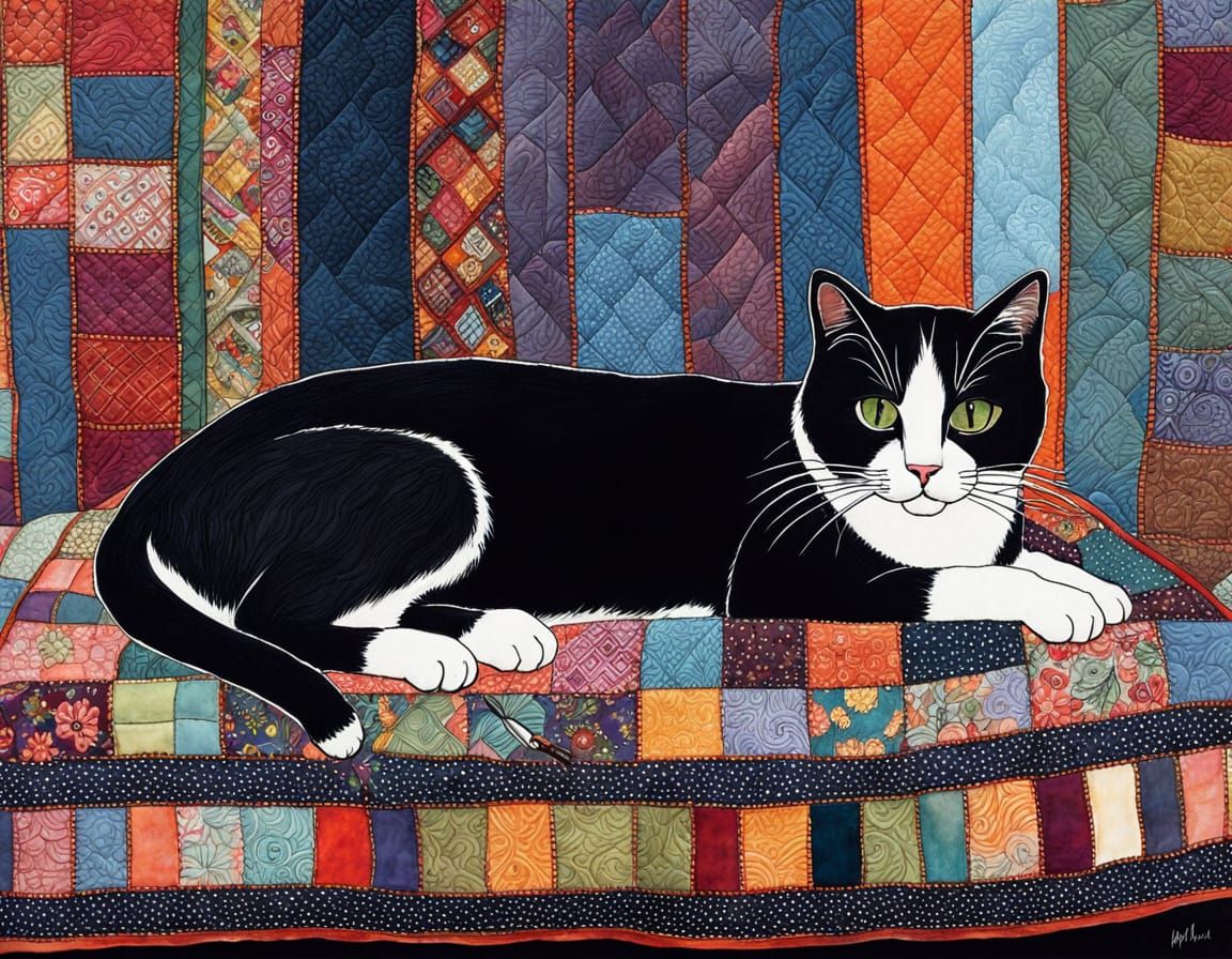 Whimsical Folk Art Cat with Patchwork Quilt