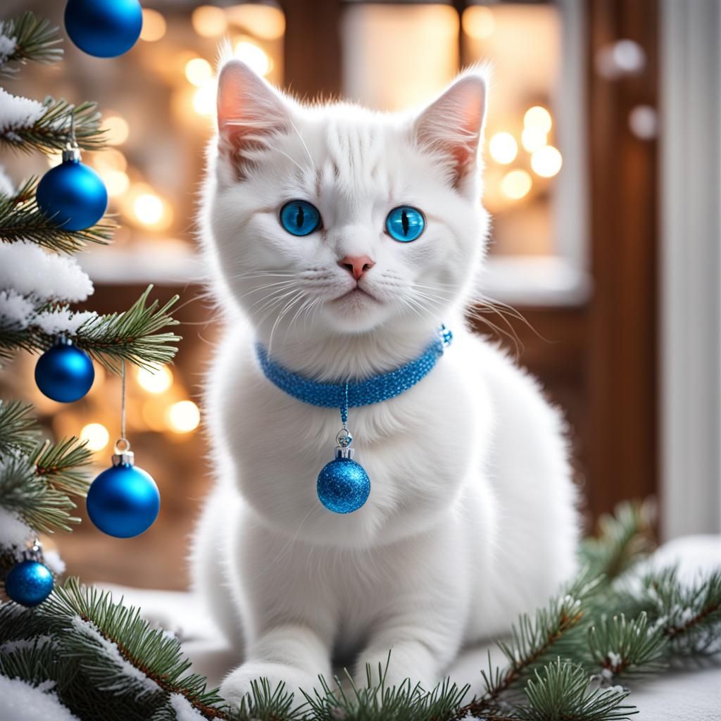 Cute White Christmas Cat with Blue Eyes