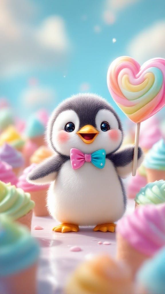 Penguin in Rainbow Ice Cream Field, Sanrio Style