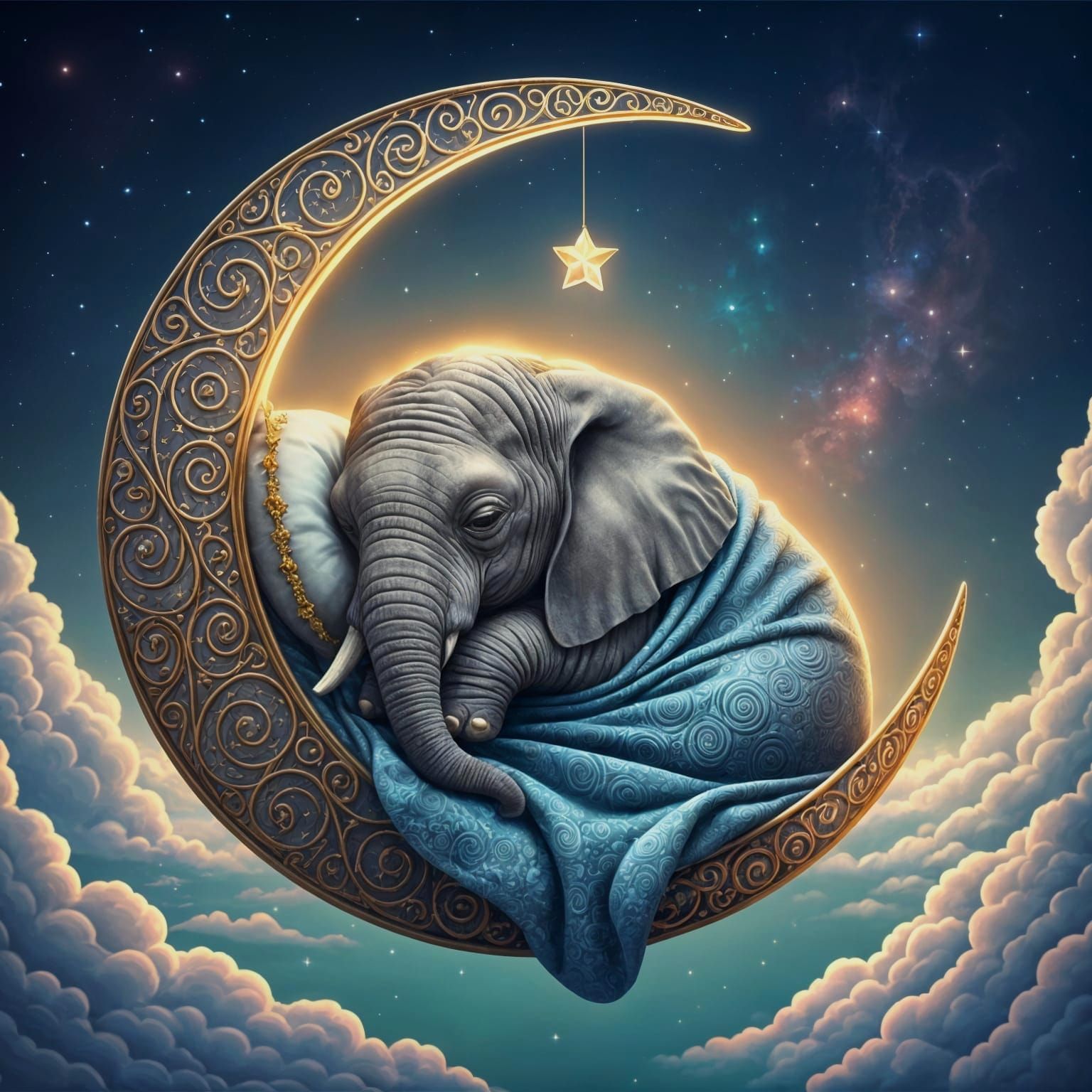 Elephant Dreamscape in Crescent Moon Fantasy Art