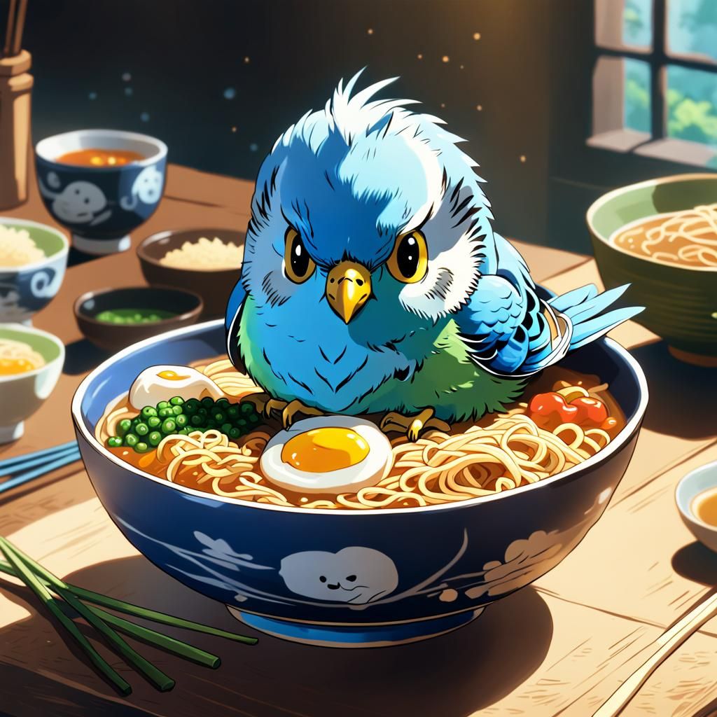 Cute Blue Budgie in Ramen Bowl, Ghibli Style