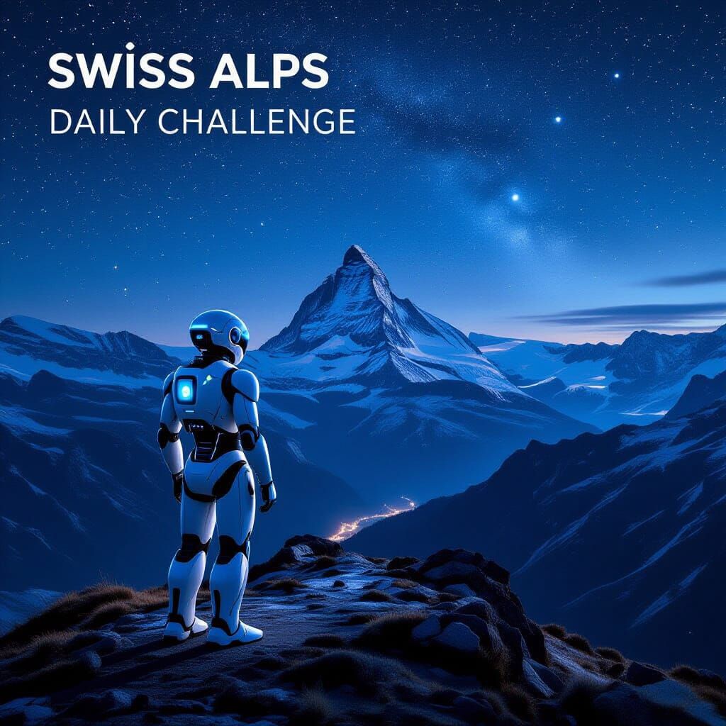 Futuristic Robot Explorer in Swiss Alps at Night