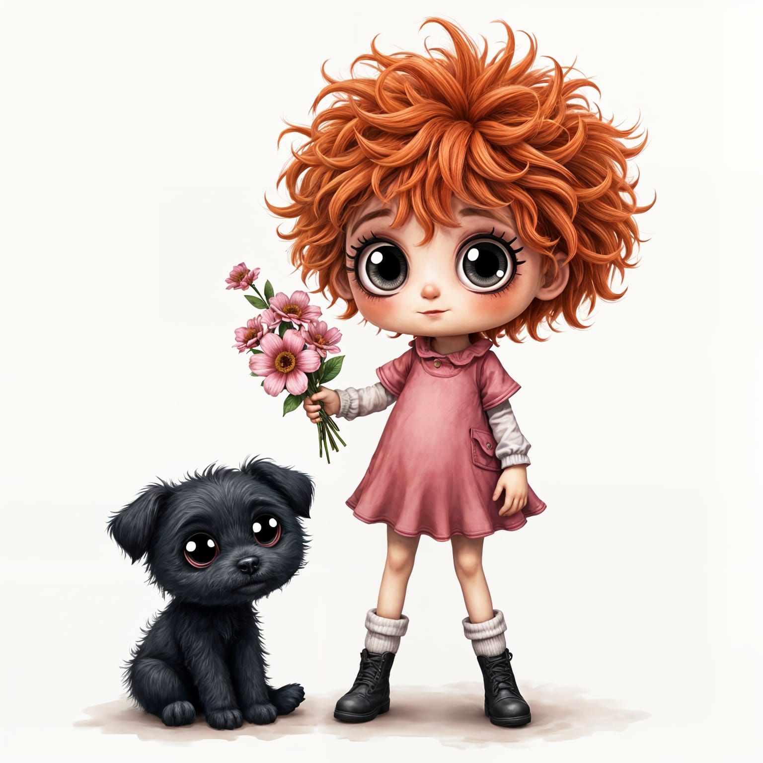 Messy Toddler Girl with Dog and Doodle Flowers