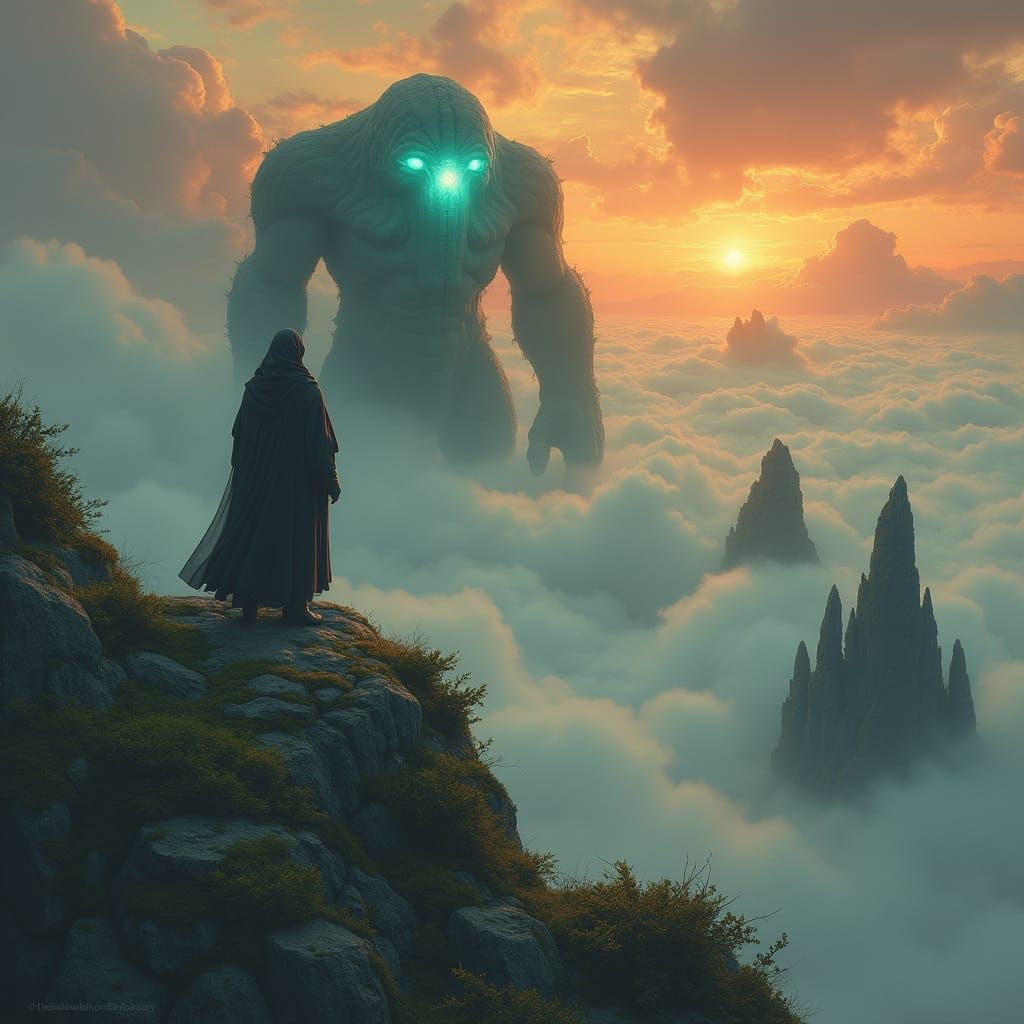 Ethereal Landscape of a Lone Figure on a Moss-Covered Golem