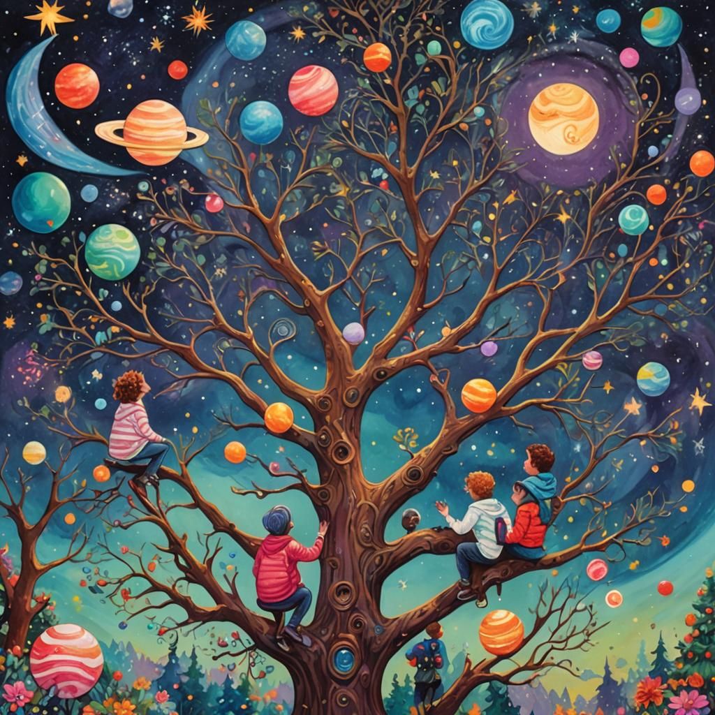 People in Tree Admire Starry Sky in Gouache Style