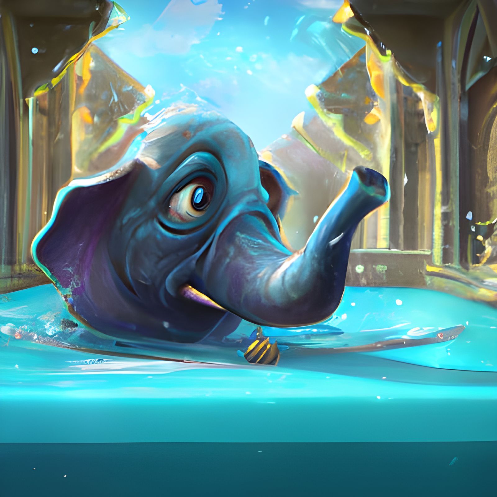 Embarrassed Elephant Portrait in Swimming Pool, 3D Render