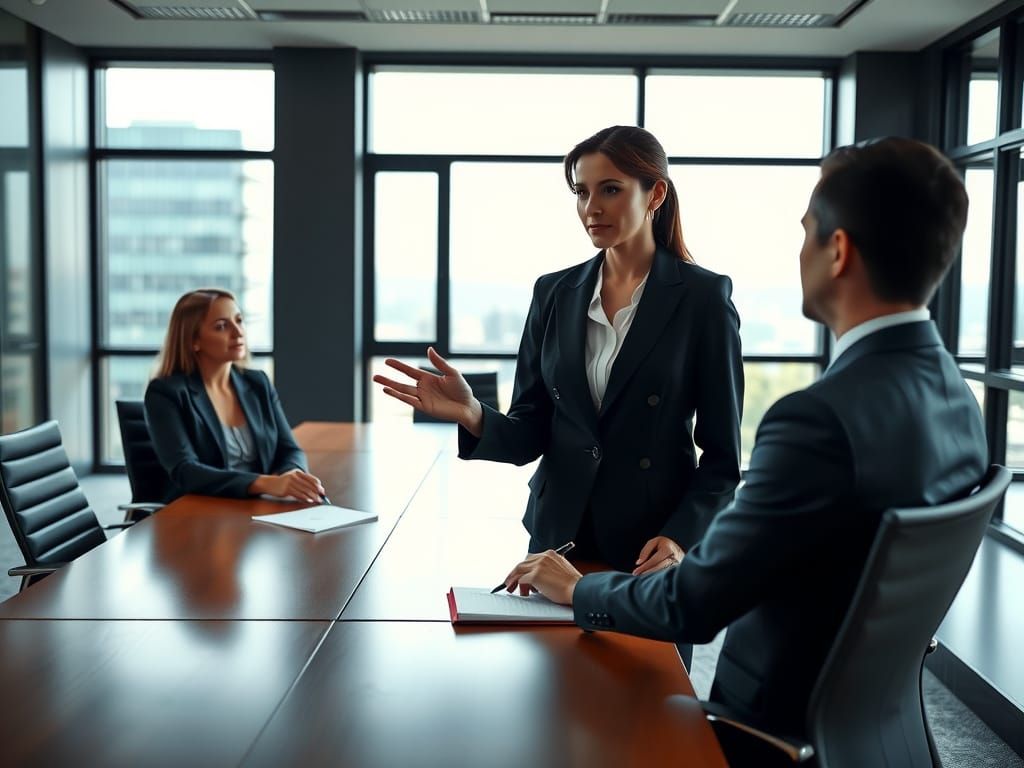 Confident Office Manager Leads Teamwork in Modern Boardroom