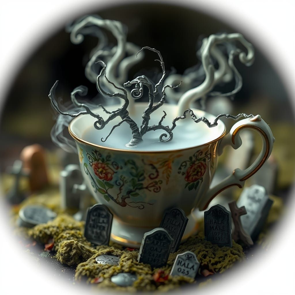 Whimsical Teacup in Moonlit Cemetery
