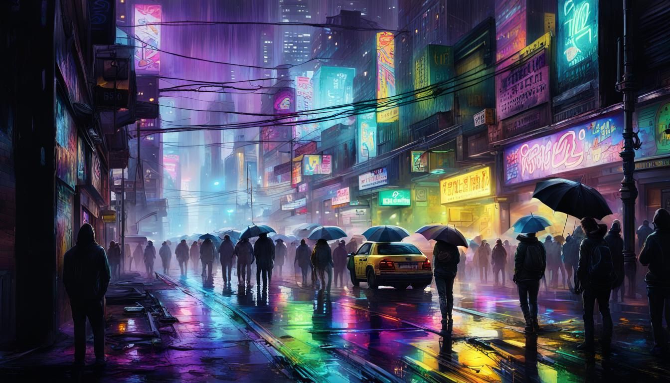 Colorful Cyberpunk Cityscape at Night in the Rain