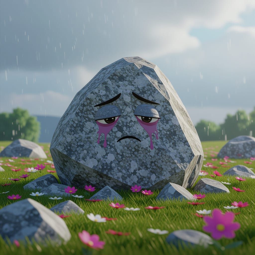 Sad Granite Rock Surrounded by Broken Flowers in CGI