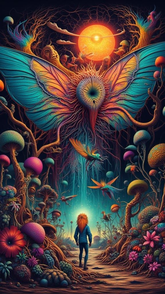 Man Dressed as Moth Amidst Fractal Landscape