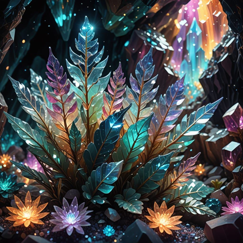 Magical Plant in Cosmic Crystal Cave: Mixed Media Illustrati...