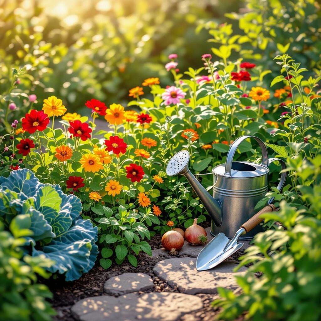 Summer Garden with Flowers and Vegetables in Golden Hour