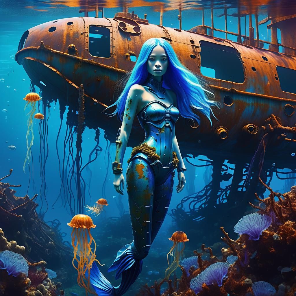 Cyborg Mermaid Finds Sunken Submarine: Digital Art