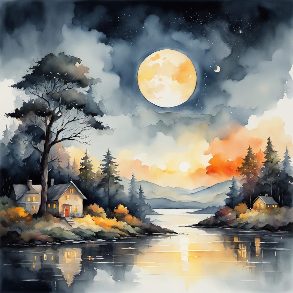 Whimsical Watercolor Moonlit Sky with Islands and Cottages