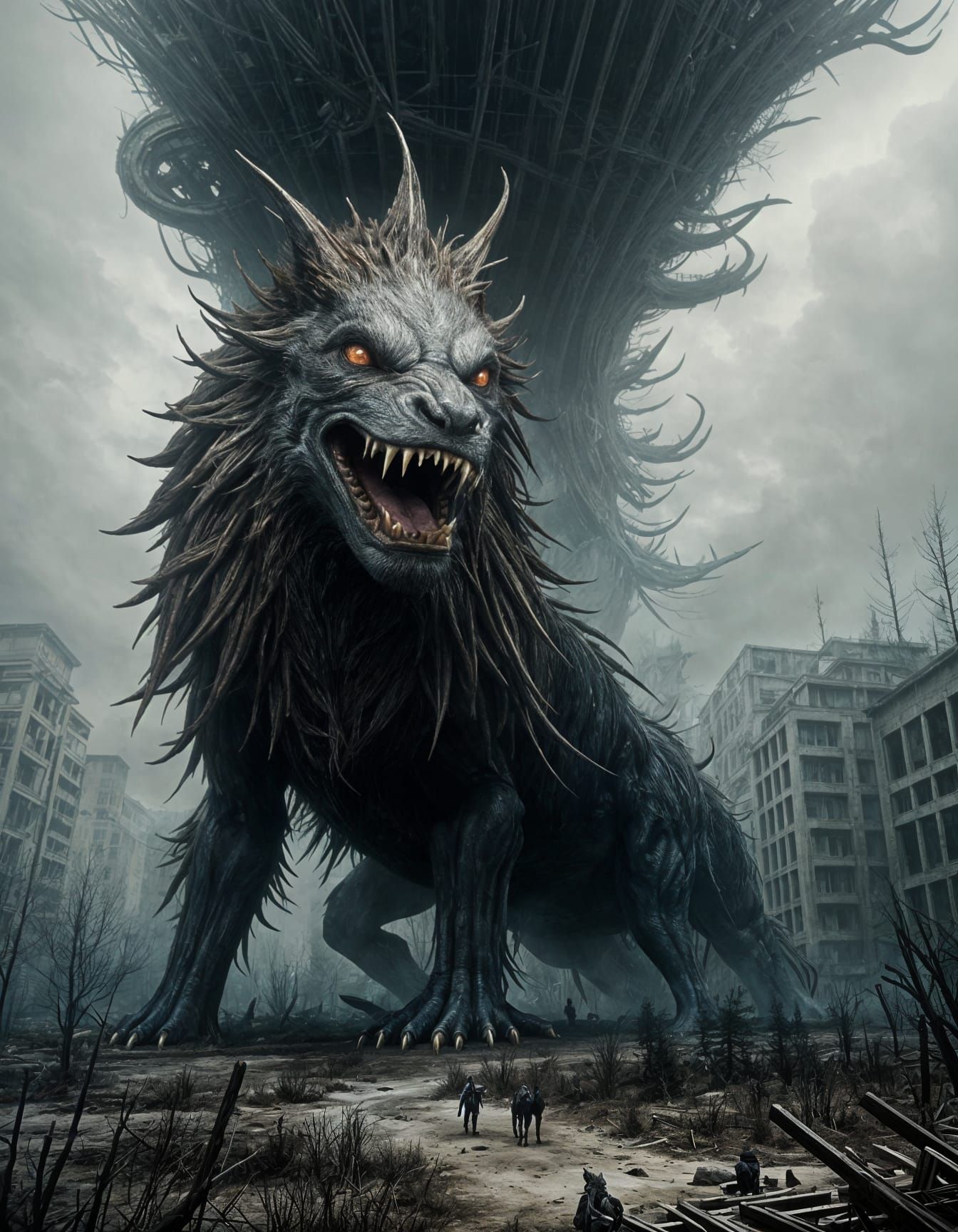 Surreal Beast Howling in Dystopian Forest Horror Scene