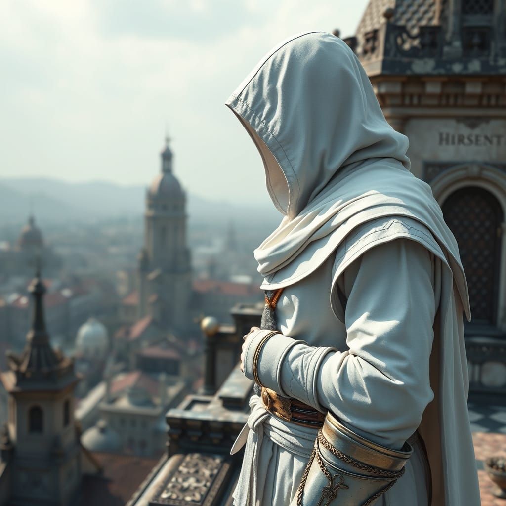 Ancient Assassin Contemplates the Cityscape in White