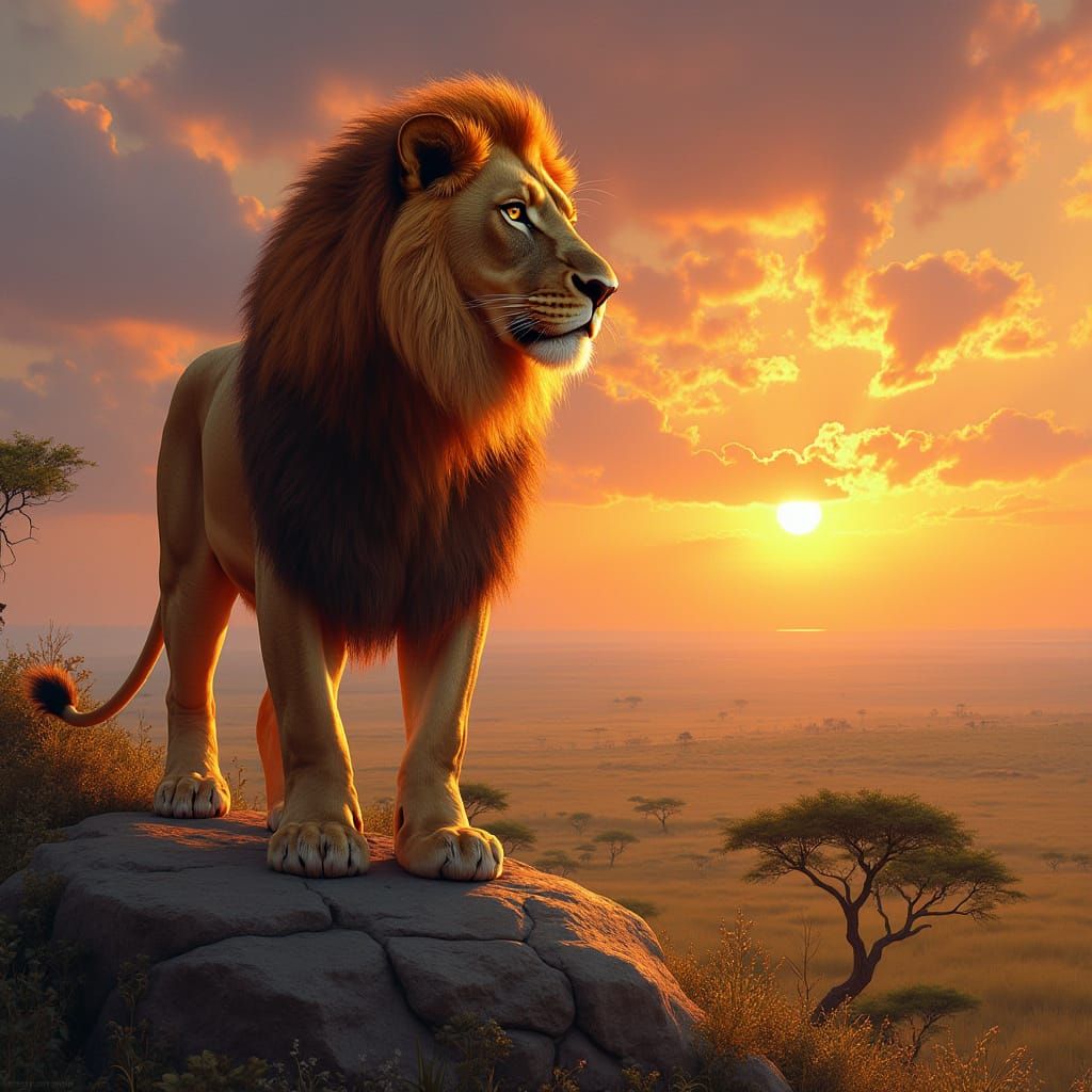 Lion with Fiery Mane Overlooking the Plains