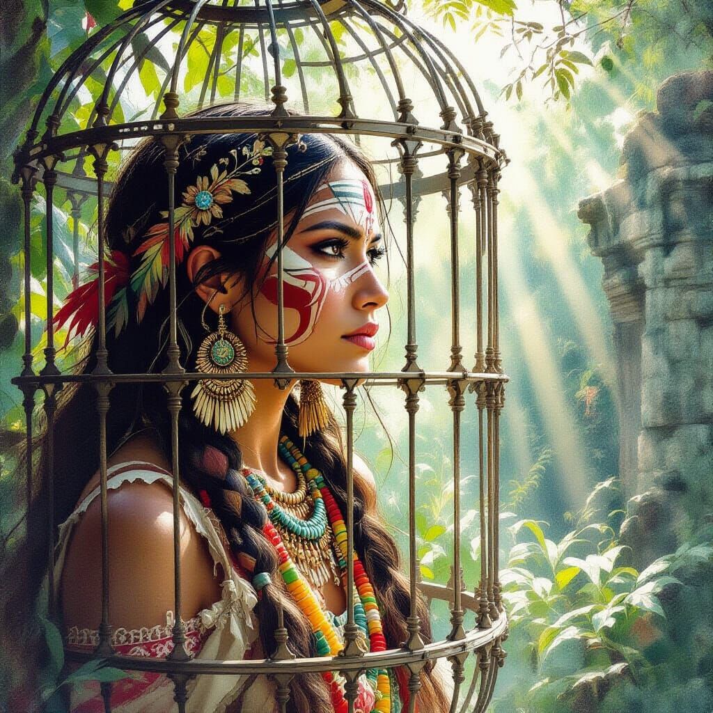 Indigenous Woman Behind Birdcage in Jungle Ruins