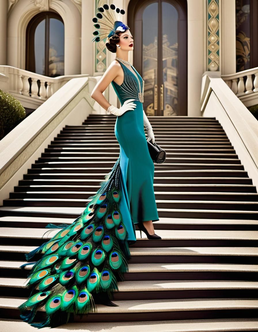 Art Deco Peacock Woman Descending Stairs