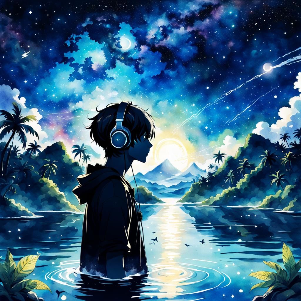 Boy Listening to Music on Starry Lake, in Anime Style
