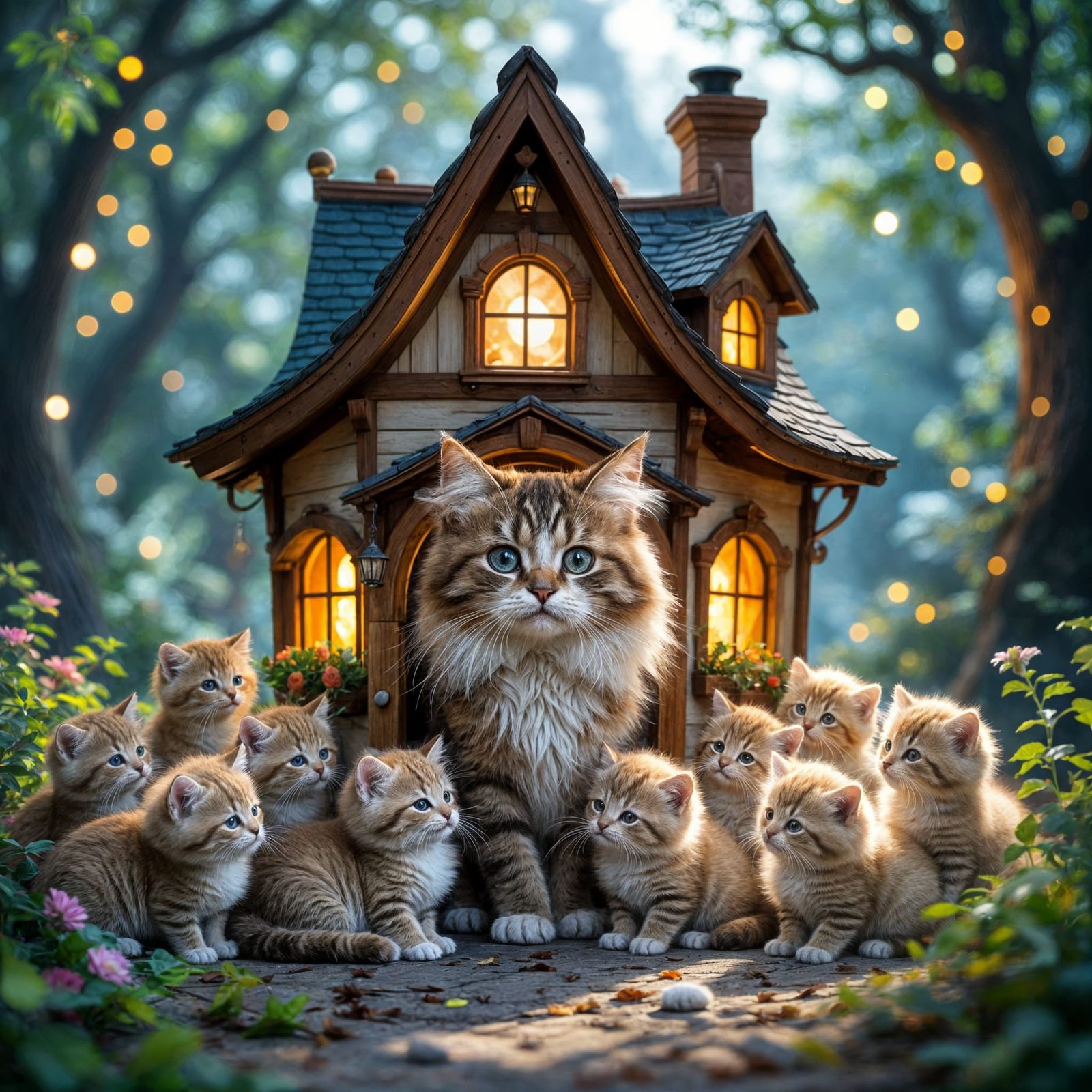 Overwhelmed Mother Cat in Whimsical Boot House