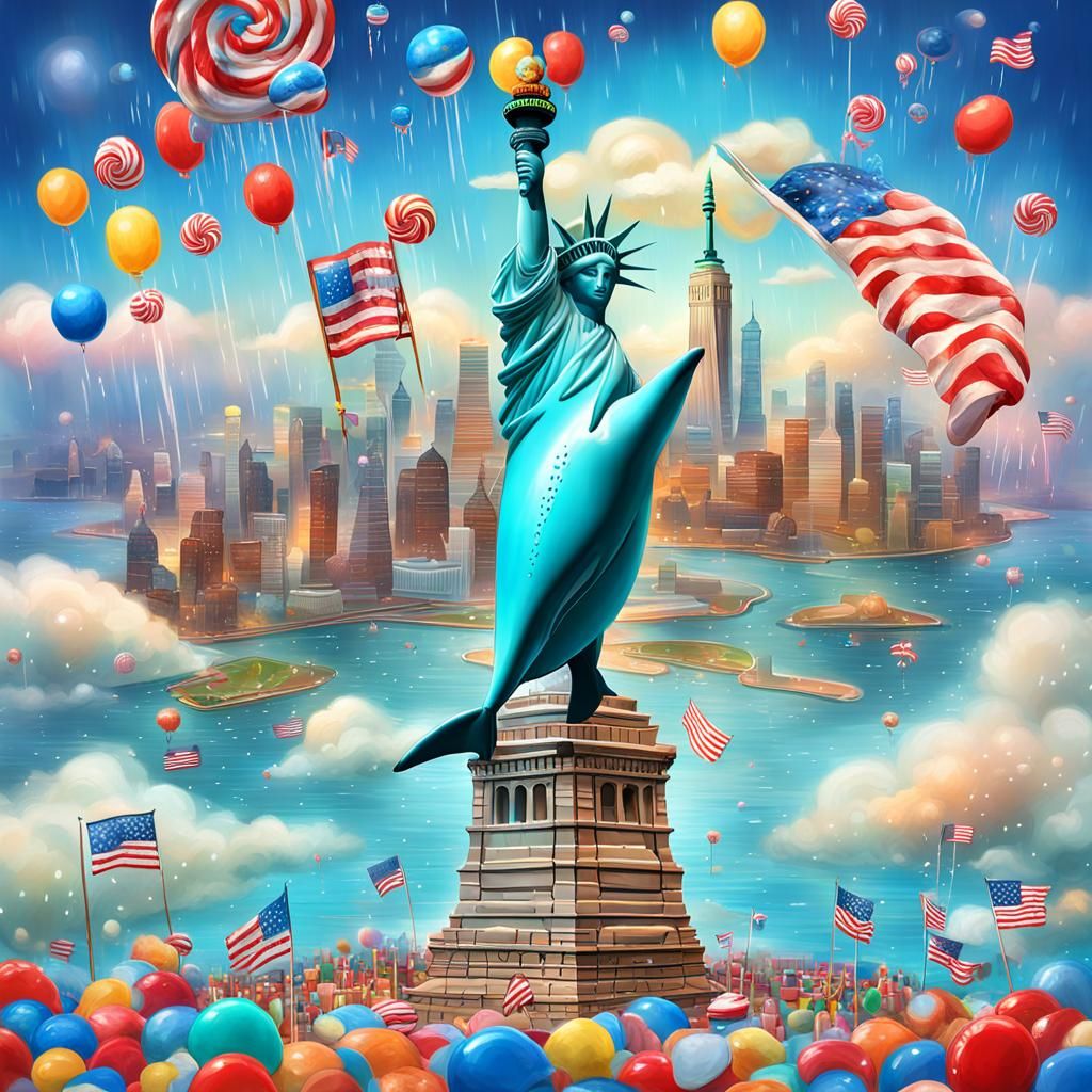 Dolphin Flies Over Liberty in Candy Art Style