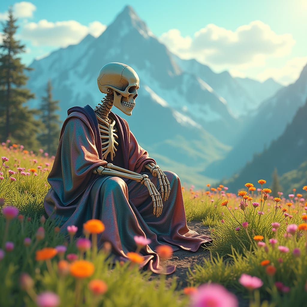 Vibrant 80s Fantasy Skeleton in Emerald Field