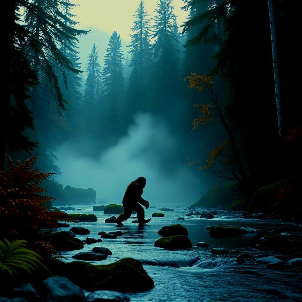 Bigfoot Crossing Stream in Misty Autumn Forest