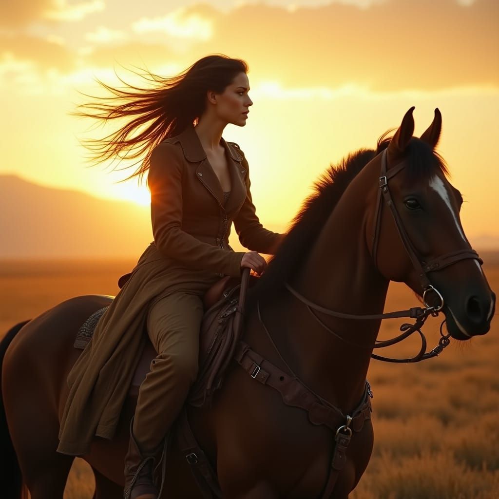 Elegant Woman Rides Horse Under Cinematic Sunset