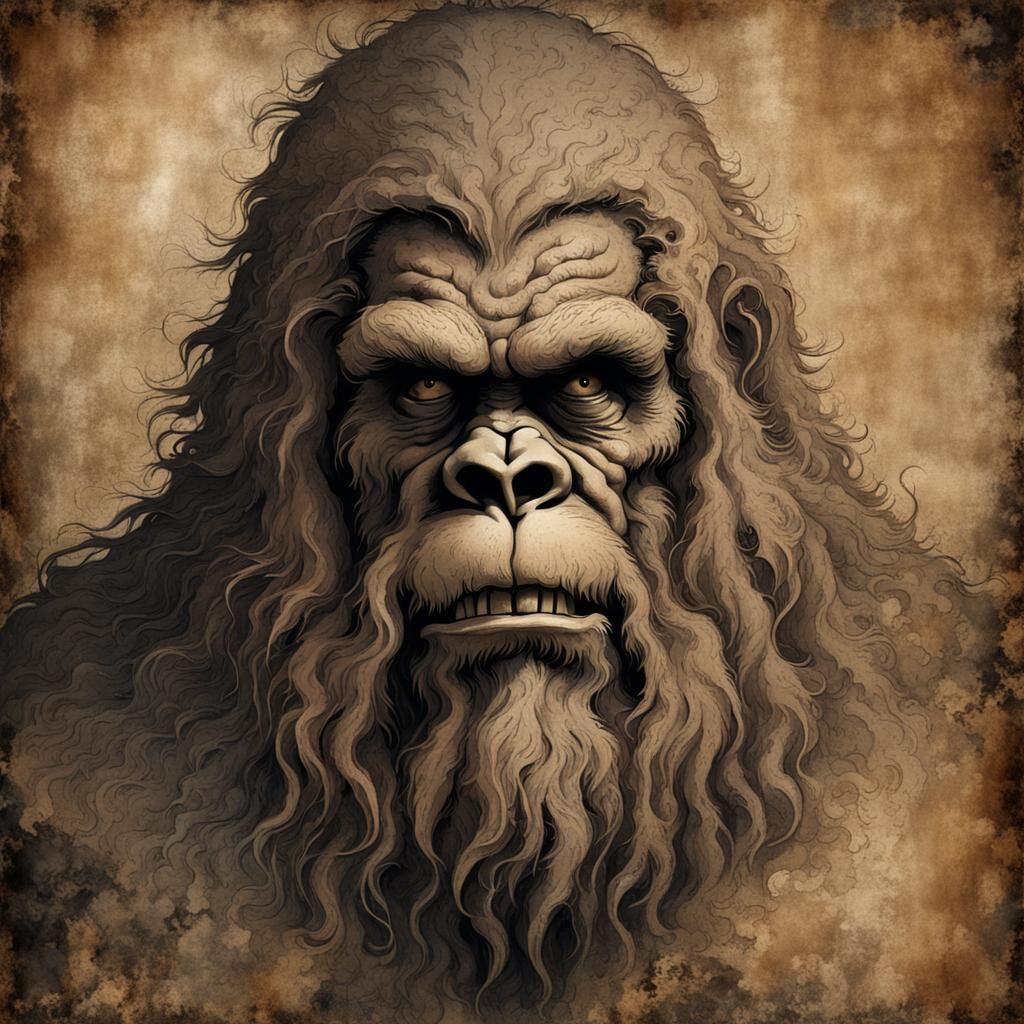 Baroque Portrait of Shaggy Bigfoot on Parchment