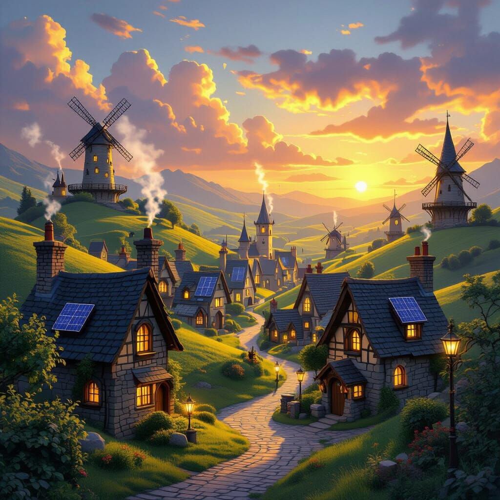 Magical Wizard Village at Sunset with Windmills and Solar Pa...