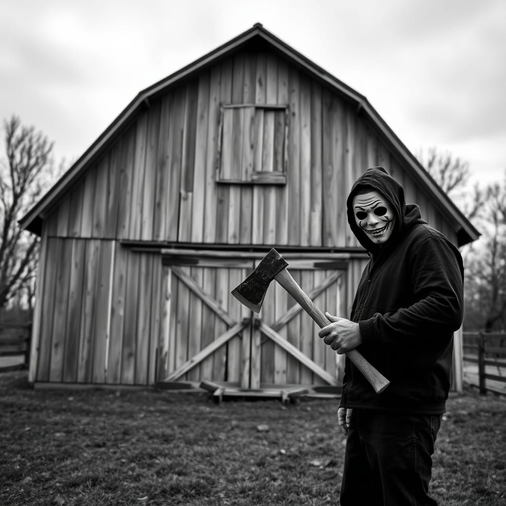 Eerie Black and White Photo of Barn with Masked Man