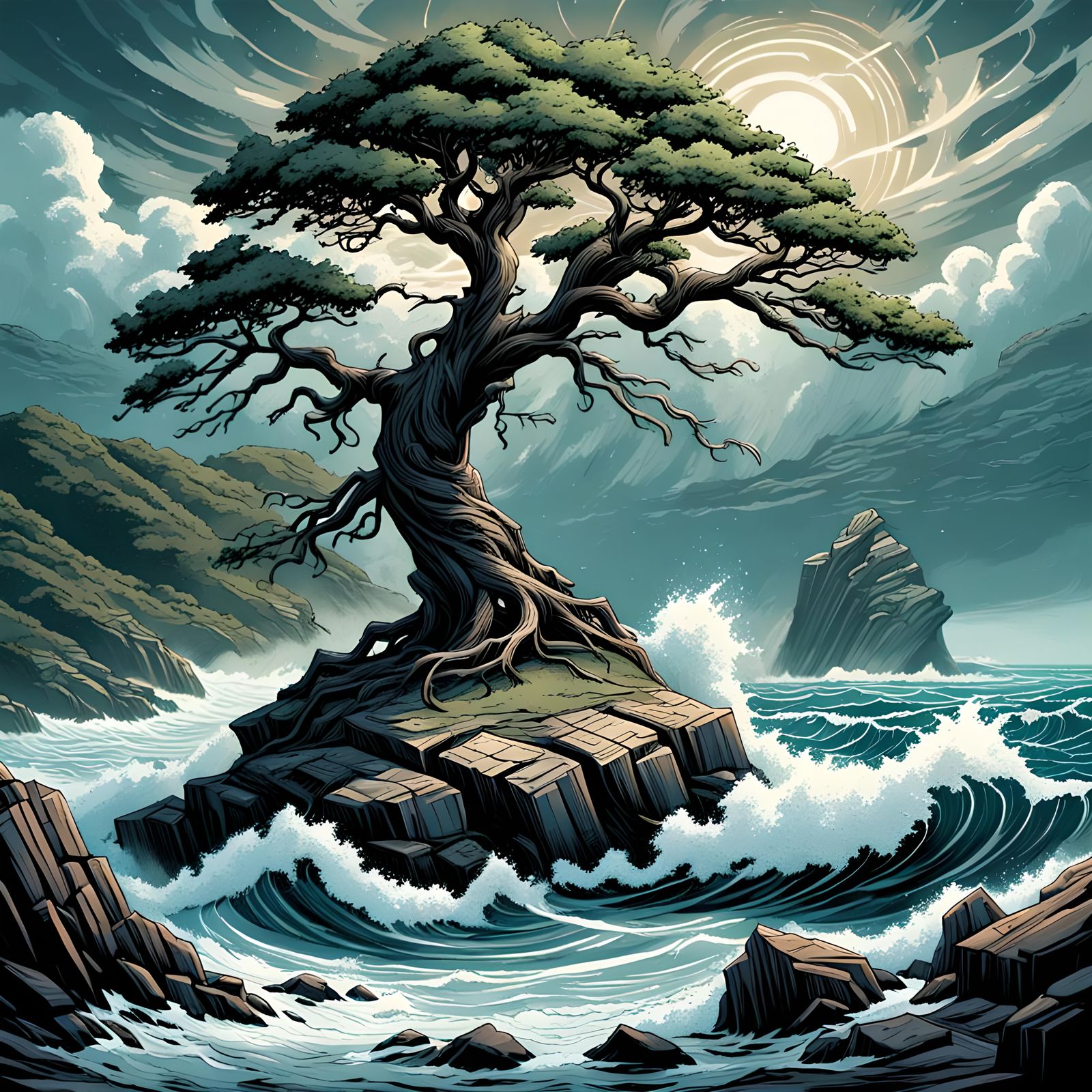 Stormy Ocean Cliffside Tree in Comic Book Style