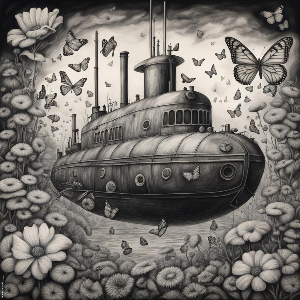 Submarine Amidst Butterflies: Hyperdetailed Charcoal Drawing