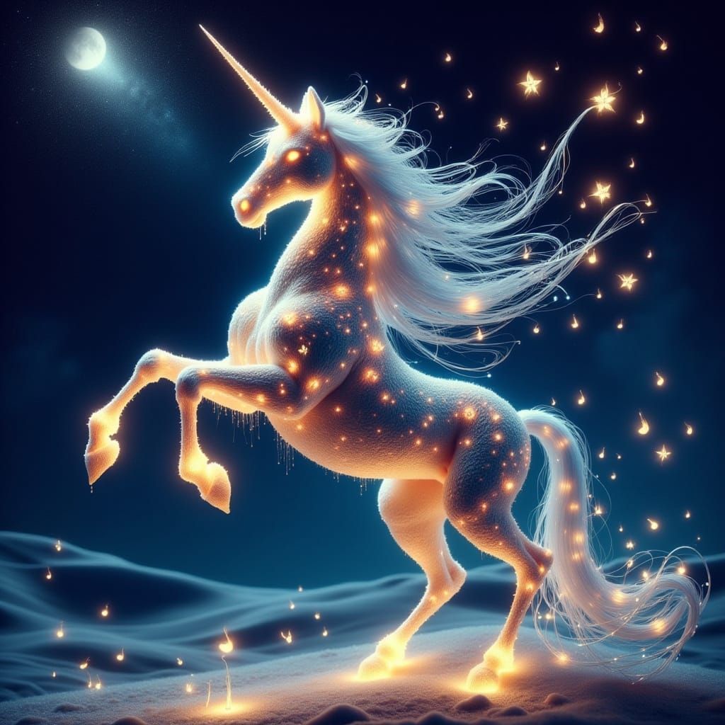 Majestic Unicorn Rearing in Starry Night Sky
