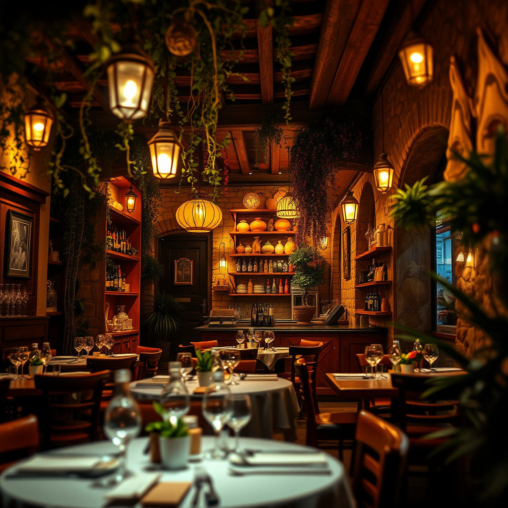 Vibrant Spanish Tapas Bar at Night, Moody Lighting