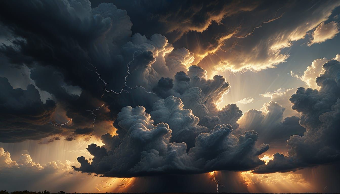 Dramatic Thunderclouds Backlit with Sunlight in Oil Painting...