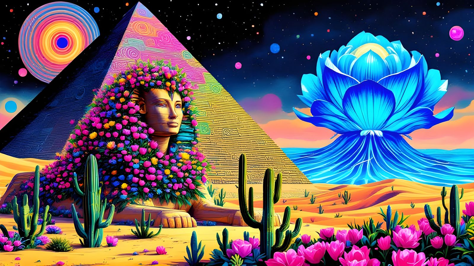 Egyptian Futurism in Vibrant Kaleidoscopic Style