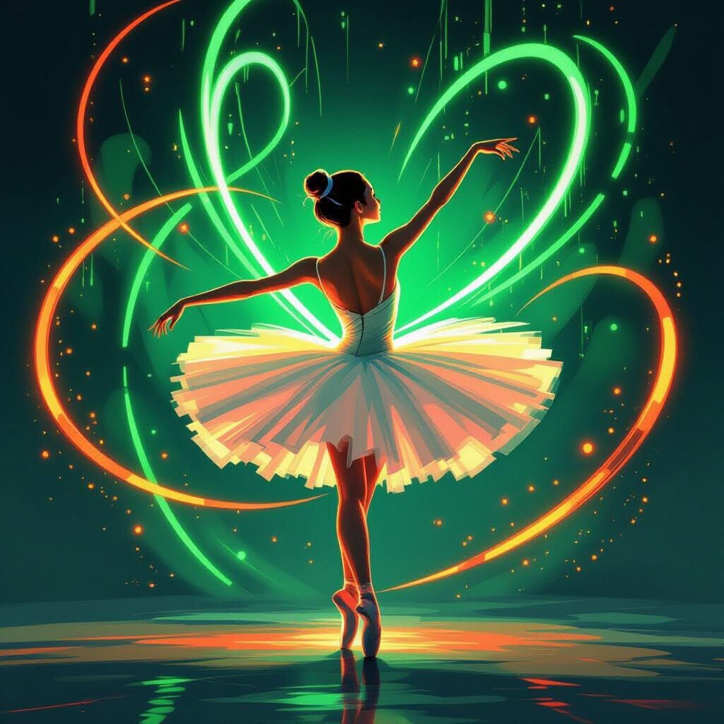 Ballerina Dancing in Swirling Neon Lights