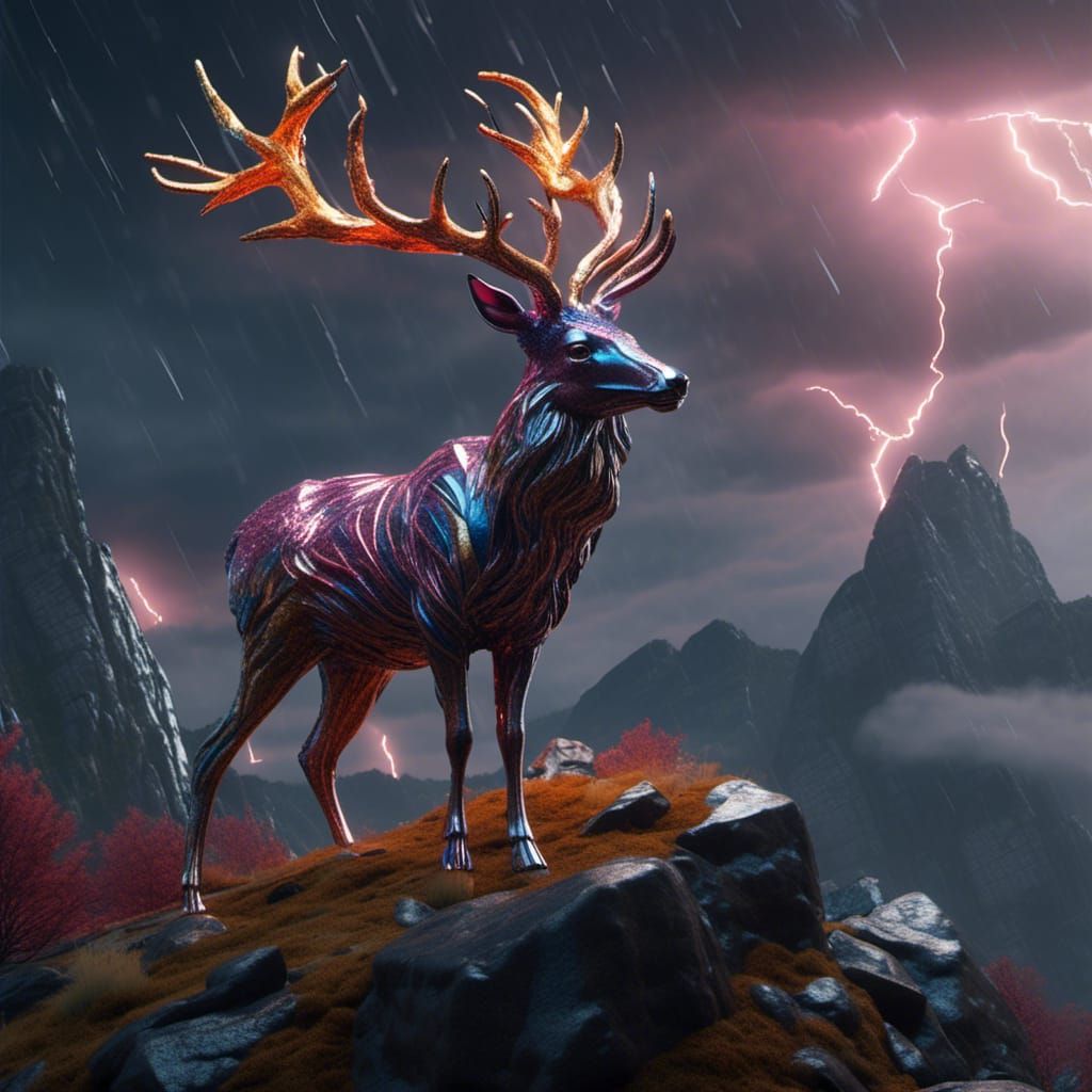 Glass Deer on Mountain in Lightning Storm
