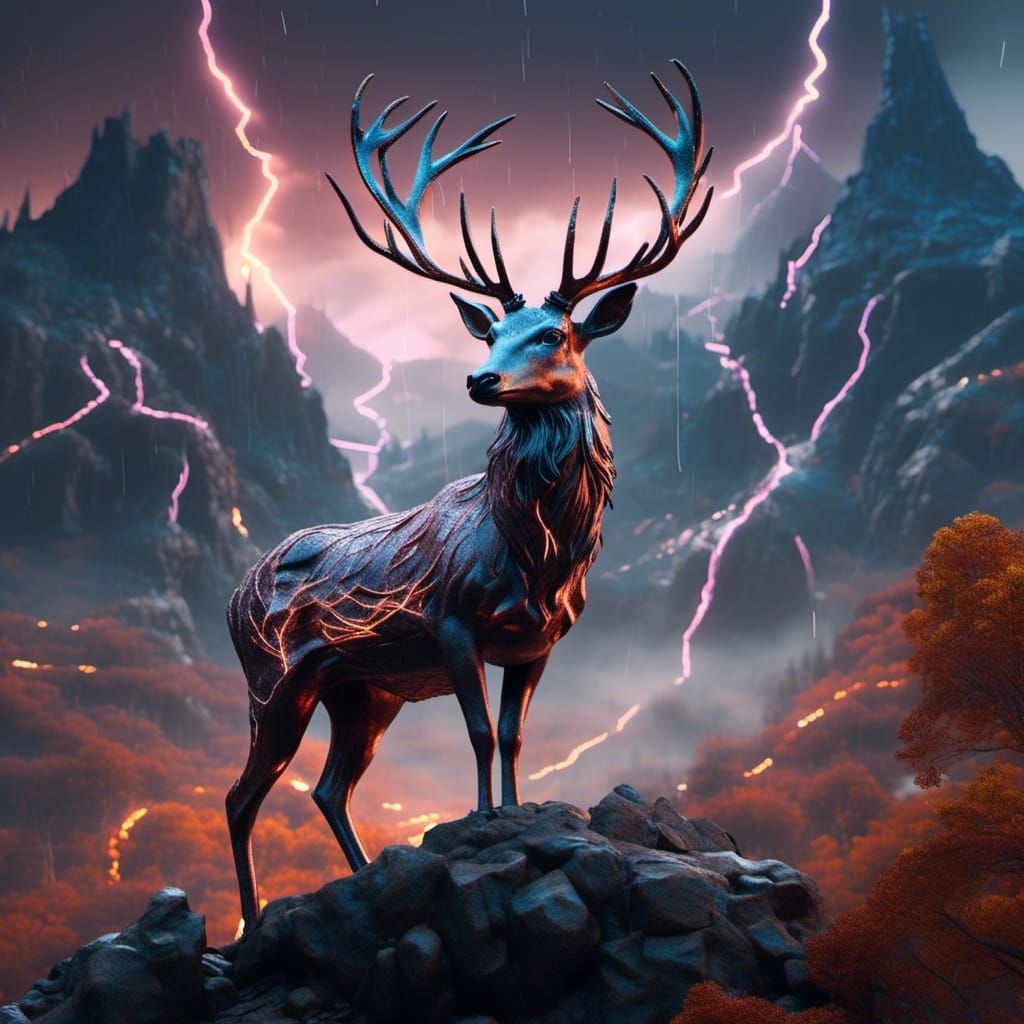 Deer in Lightning Storm: Detailed Matte Painting